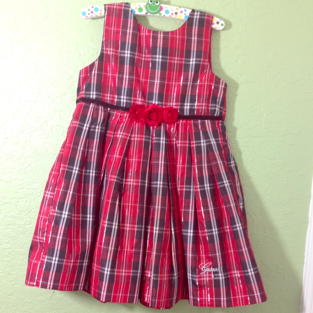 GUESS Christmas Red Plaid Dress with Rose Trim 4T